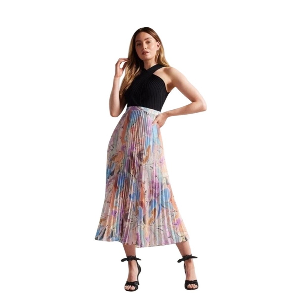 Ted Baker NWT Pleated Floral Print Maxi Dress Black Halter Neck Size 2